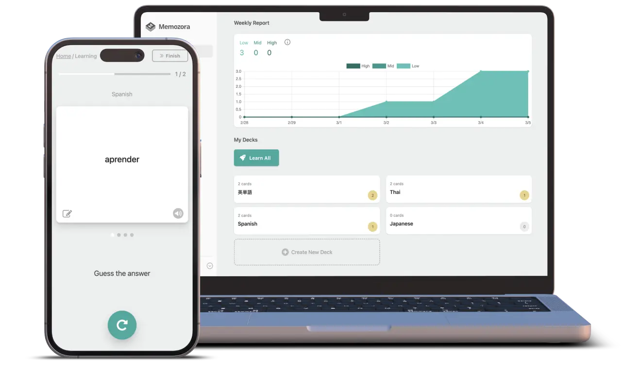 Memozora flashcard app on desktop and mobile.